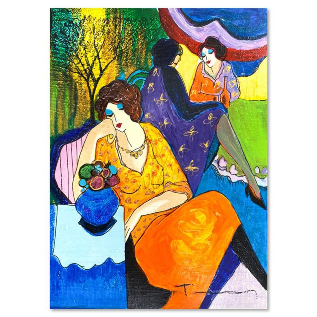 Itzchak Tarkay (1935-2012), "Quiet Afternoon" One-of-a-Kind Mixed Media Over Paint on Wood, Hand (1 of 2)