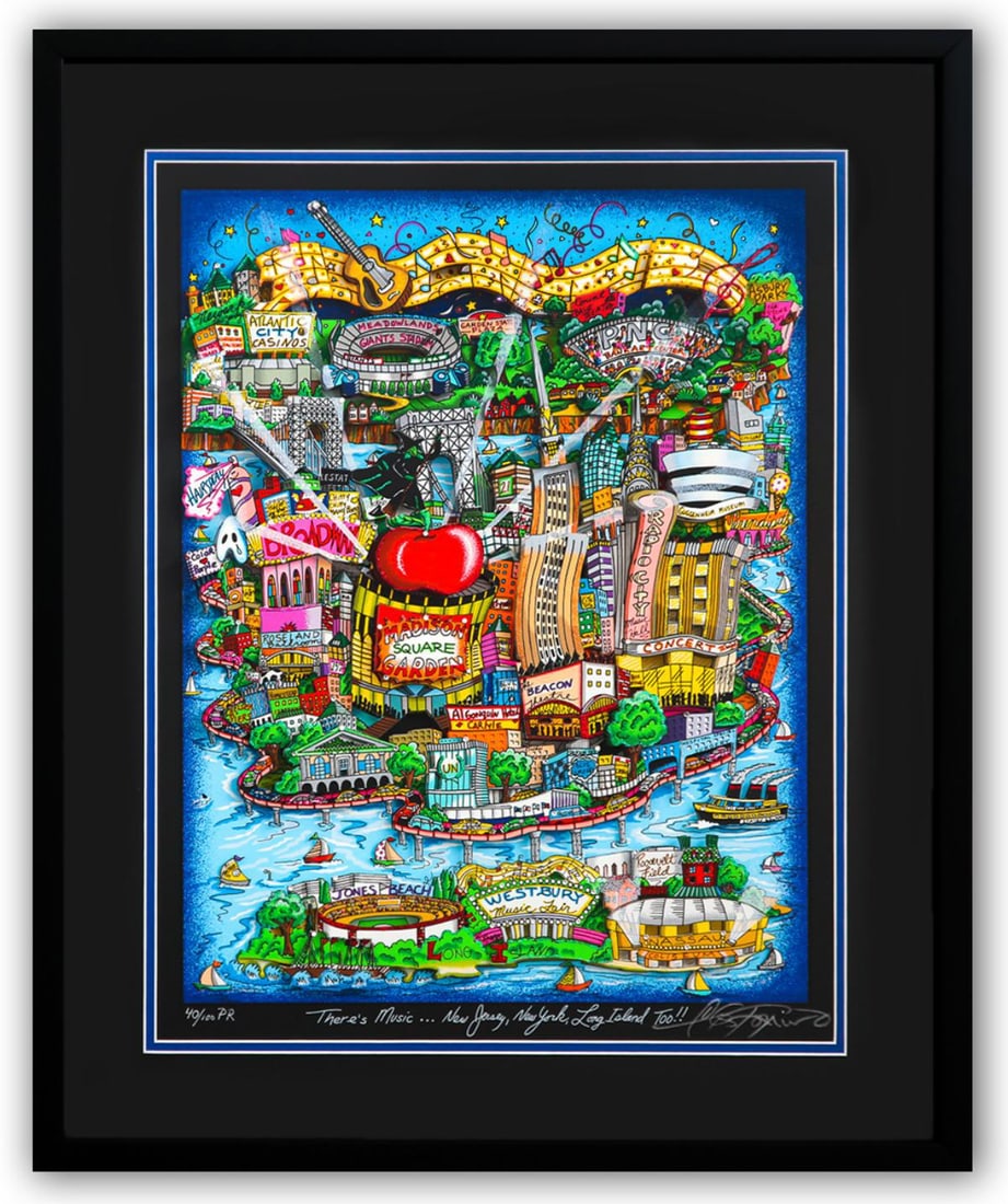 Charles Fazzino- 3D Construction Silkscreen Serigraph "There's Music... New Jersey, New York, Long: Artist: Charles Fazzino. Medium: 3D Construction Silkscreen Serigraph. Title: There's Music... New Jersey, New York, Long Island Too! (Blue). Size: 23" x 17". Measures approx. 32" x 27" (framed). Sign