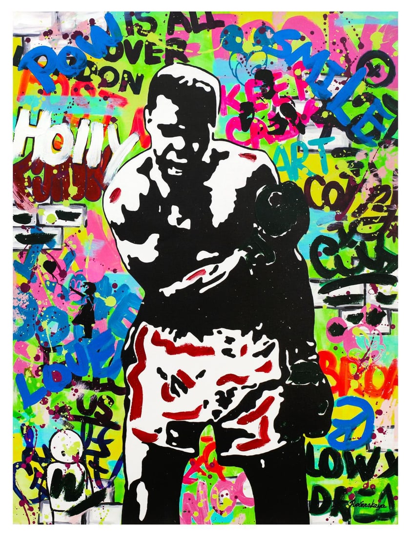 Nastya Rovenskaya- Mixed Media "Muhammad Ali": Artist: Nastya Rovenskaya. Medium: Mixed Media. Title: Muhammad Ali. Size: 40" x 30". Signature: Hand Signed by the artist. Certificate of Authenticity: From the publisher. Reference#: 19627.