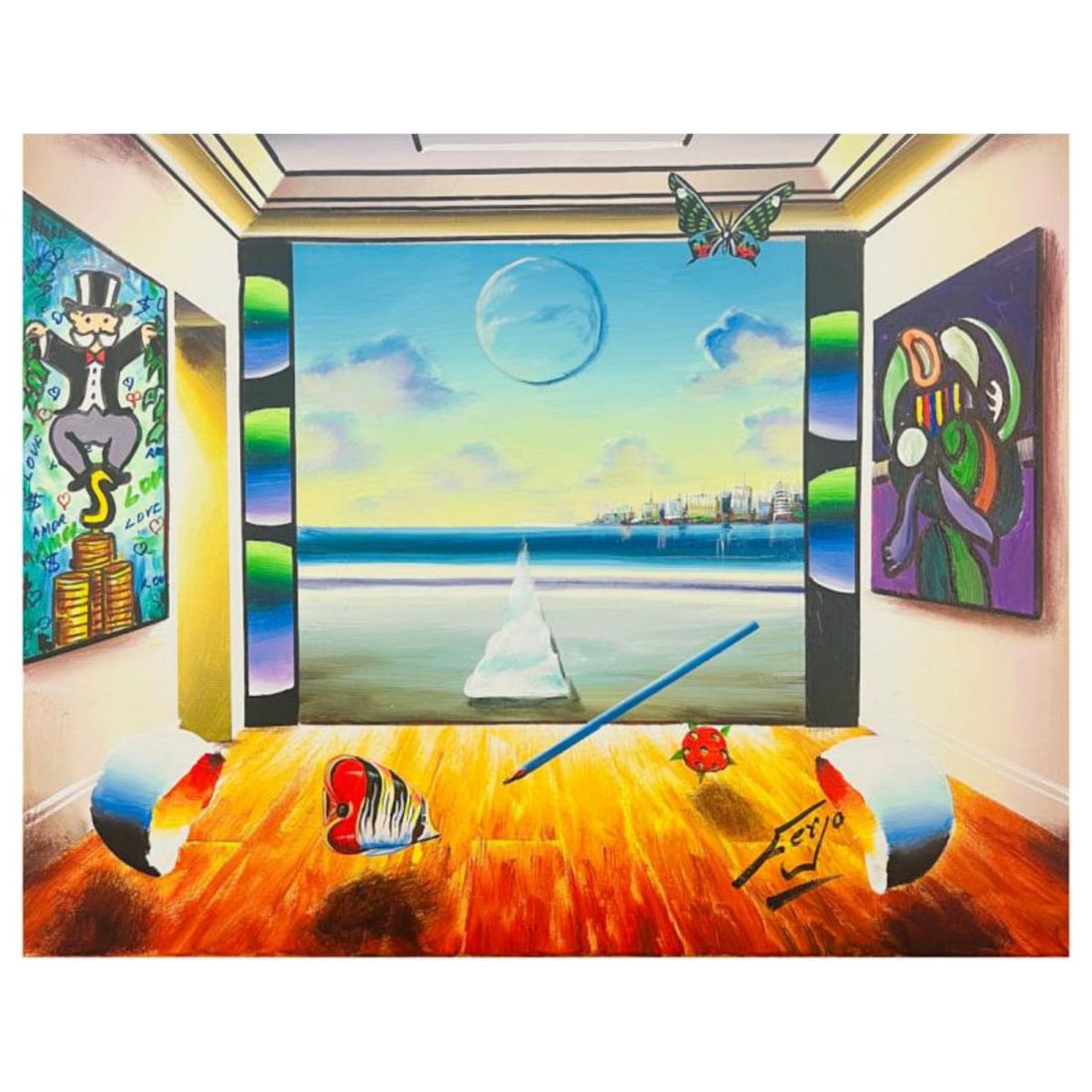 Ferjo, "Mr. Monopoly Wins Picasso" Hand Signed Original Painting on Canvas with Letter of (1 of 1)