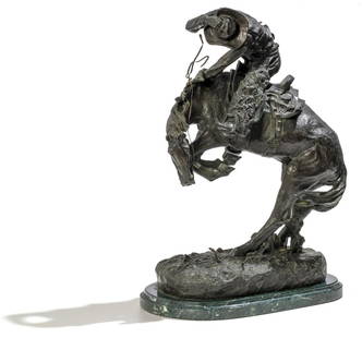 Frederic Remington- Bronze on marble base "The Rattlesnake": Artist: Frederic Remington. Medium: Bronze on marble base. Title: The Rattlesnake. Size: 9" x 12". Reference#: 28426.