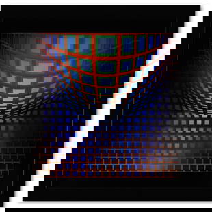 Victor Vasarely (1908-1997), "Kezdi - Vega de la série Structures Universelles Du Damier" Framed: Kezdi - Vega de la série Structures Universelles Du Damier is a heliogravure print on paper, published in 1975, by Victor Vasarely (1908-1997). This piece comes custom framed, with a letter of authen