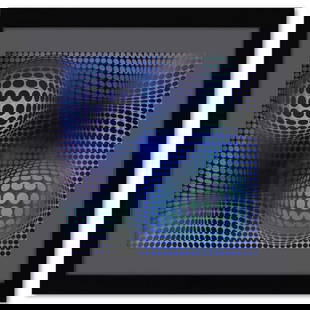 Victor Vasarely (1908-1997), "Feny de la série Structures Universelles Du Damier" Framed 1975: Feny de la série Structures Universelles Du Damier is a heliogravure print on paper, published in 1975, by Victor Vasarely (1908-1997). This piece comes custom framed, with a letter of authenticity a