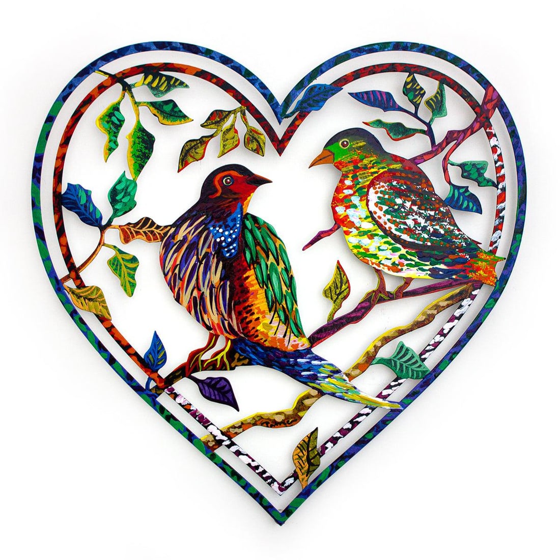 Patricia Govezensky- Original Painting on Cutout Steel "Love Birds": Artist: Patricia Govezensky. Medium: Original Painting on Cutout Steel. Title: Love Birds. Size: 16" x 16". Signature: Hand signed by the artist. Certificate of Authenticity: From the publisher. Refer