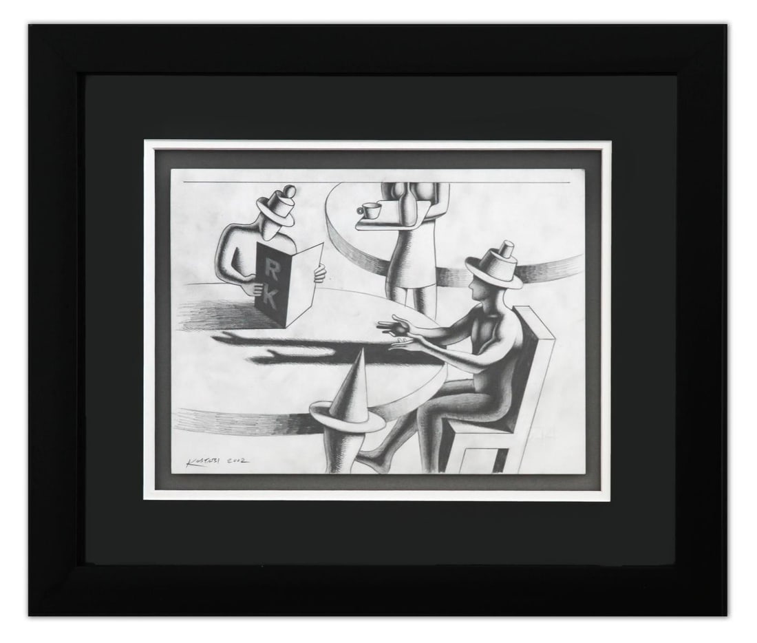 Mark Kostabi- Original Drawing on Paper "RK Café": Artist: Mark Kostabi. Medium: Original Drawing on Paper. Title: RK Café. Size: 11" x 14". Measures approx. 18" x 22" (framed). Signature: Hand Signed by the artist. Certificate of Authenticity: Is in