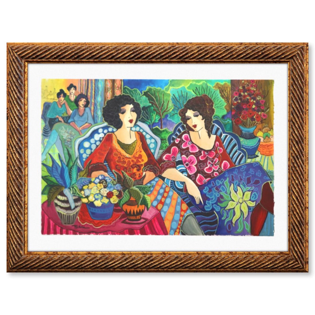 Patricia Govezensky- Original Watercolor "Renatta and Elena": Artist: Patricia Govezensky. Medium: Original Watercolor. Title: Renatta and Elena. Size: 15" x 22". Measures approx. 22" x 29" (framed). Signature: Hand signed. Certificate of Authenticity: Is includ