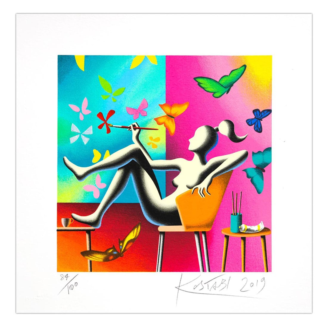 Mark Kostabi- SIlkscreen on Paper "Flight of Fantasy": Artist: Mark Kostabi. Medium: SIlkscreen on Paper. Title: Flight of Fantasy. Size: 10" x 10". Signature: Hand Signed and numbered. Certificate of Authenticity: Is included. Additional: Edition number