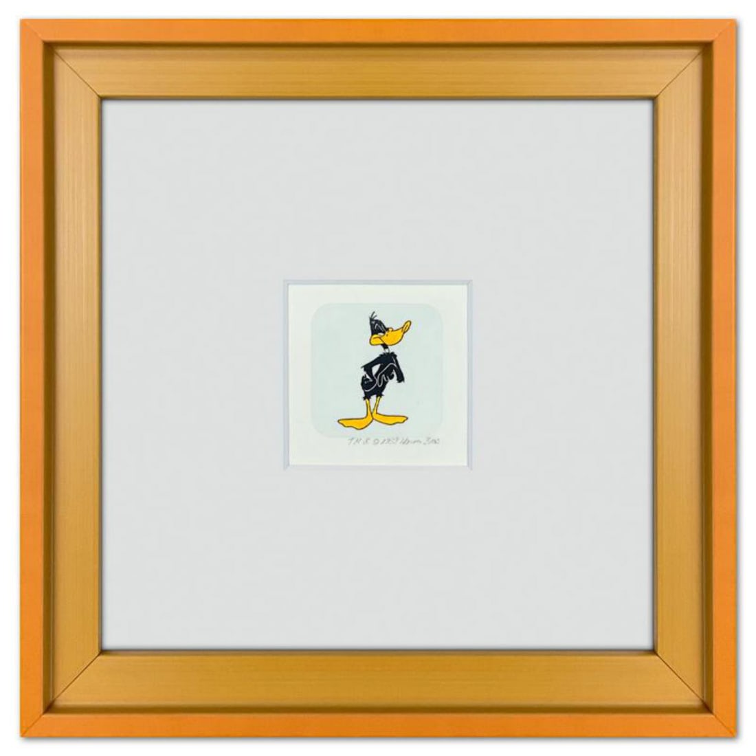 Daffy Duck Framed Limited Edition Etching with Hand Tinted Color from Warner Bros., Numbered with: Daffy Duck is a limited edition etching on paper with hand tinted coloring from Warner Bros., numbered and dated 1999. This piece comes framed. Measures approx. 9" x 9" (frame), 1.5" x 1" (image). Ref