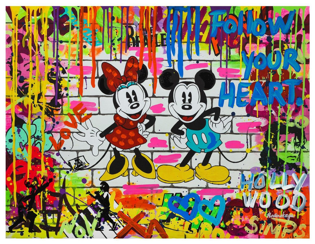 Nastya Rovenskaya- Mixed Media "Mickey & Minnie": Artist: Nastya Rovenskaya. Medium: Mixed Media. Title: Mickey & Minnie. Size: 30" x 40". Signature: Hand Signed by the artist. Certificate of Authenticity: From the publisher. Reference#: 20779.