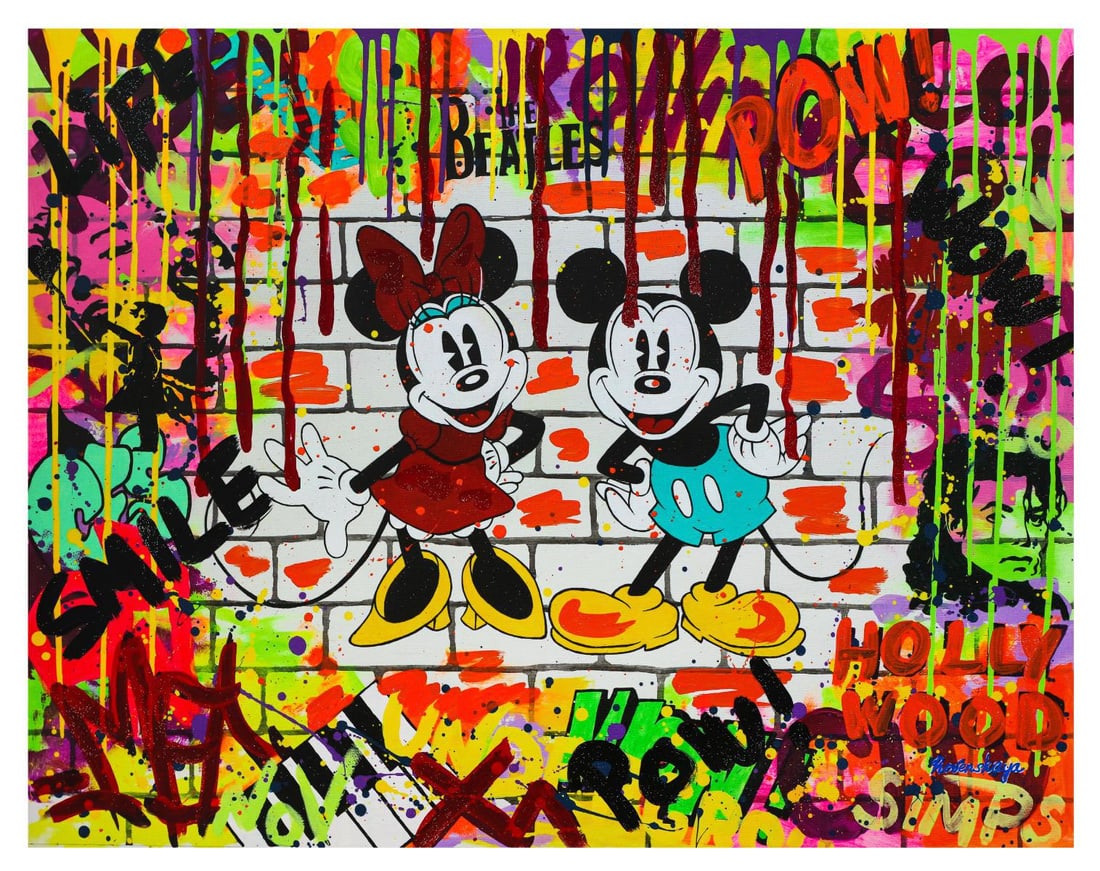 Nastya Rovenskaya- Mixed Media "Mickey & Minnie": Artist: Nastya Rovenskaya. Medium: Mixed Media. Title: Mickey & Minnie. Size: 24" x 30". Signature: Hand Signed by the artist. Certificate of Authenticity: From the publisher. Reference#: 19678.