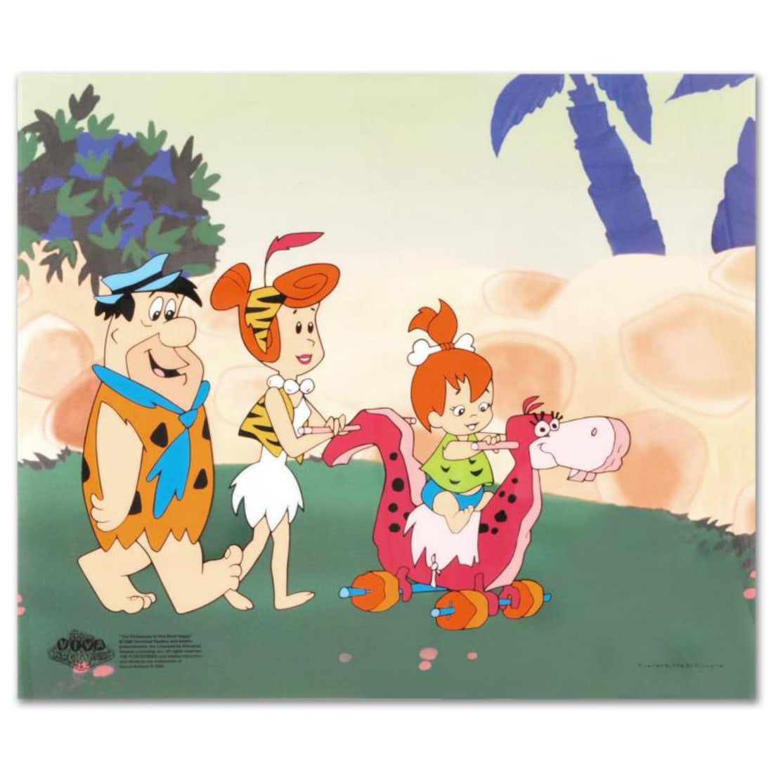 Strolling with Pebbles Limited Edition SERICEL from the Popular Animated Series The Flintstones with: This truly wonderful collector's item will bring cheer to Flintstones fans of any age! "Strolling with Pebbles" is a limited edition sericel officially licensed by Universal Studios Licensing! Include