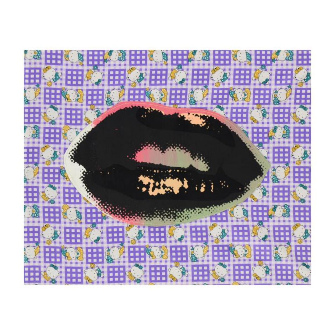 Steve Kaufman (1960-2010) "Lips" Hand Painted Limited Edition Silkscreen on Canvas with Hello Kitty: Lips is a hand painted limited edition silkscreen on canvas with Hello Kitty fabric background by Andy Warhol protege Steve Kaufman (1960-2010). This piece is AP numbered 17/50 and hand signed inverso