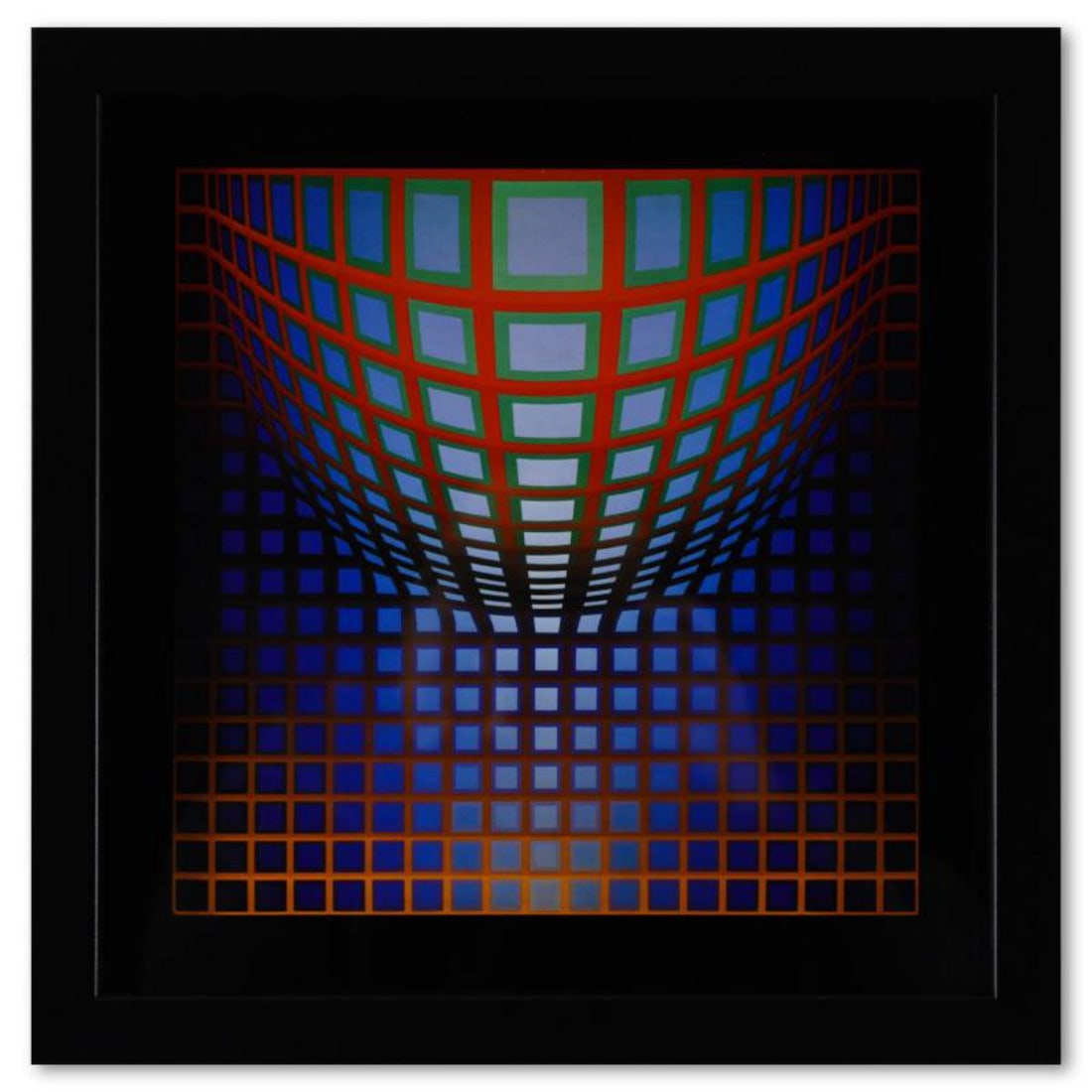 Victor Vasarely (1908-1997), "Kezdi - Vega de la série Structures Universelles Du Damier" Framed: Kezdi - Vega de la série Structures Universelles Du Damier is a heliogravure print on paper, published in 1975, by Victor Vasarely (1908-1997). This piece comes custom framed, with a letter of authen