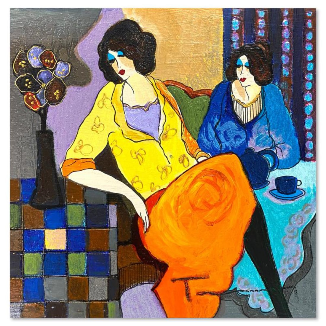 Itzchak Tarkay (1935-2012), "Sisters" One-of-a-Kind Mixed Media Over Paint on Wood, Hand Signed with (1 of 2)