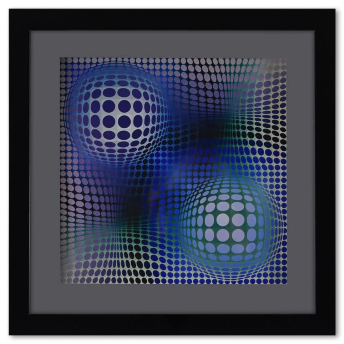 Victor Vasarely (1908-1997), "Feny de la série Structures Universelles Du Damier" Framed 1975: Feny de la série Structures Universelles Du Damier is a heliogravure print on paper, published in 1975, by Victor Vasarely (1908-1997). This piece comes custom framed, with a letter of authenticity a