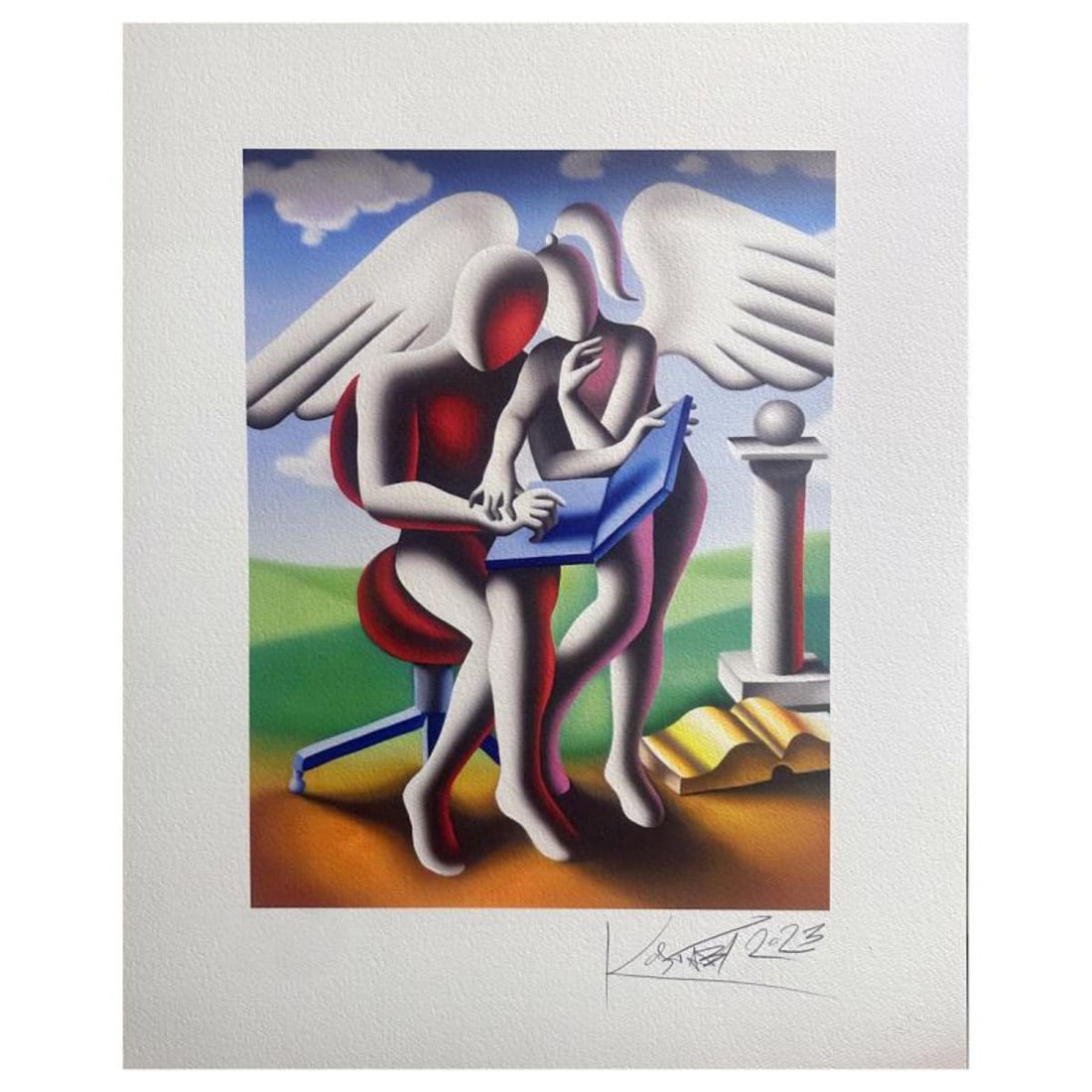Mark Kostabi, "Divine Guidance" hand signed limited edition serigraph with Certificate of: Divine Guidance is a numbered limited edition serigraph on paper by Mark kostabi. Hand signed by the artist the piece comes with a certificate of authenticity. Measures approximately 19.5" x 15" (imag
