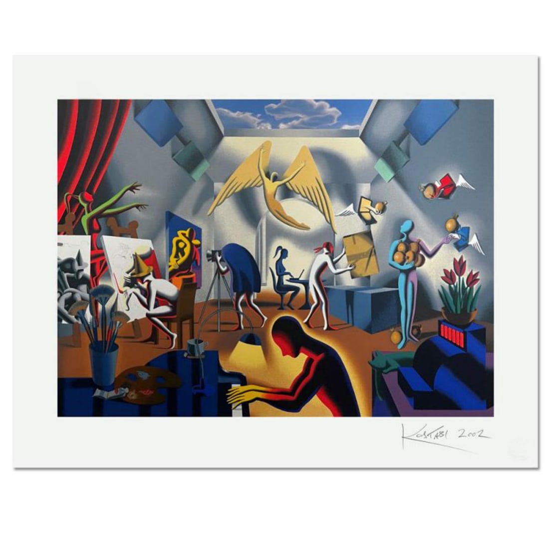 Mark Kostabi, "The Big Picture" Hand Signed Limited Edition Serigraph with COA: The Big Picture is a limited edition serigraph on paper by Mark Kostabi. The piece is numbered and hand signed by the artist and comes with a Certificate of Authenticity. Measures approximately 28" x