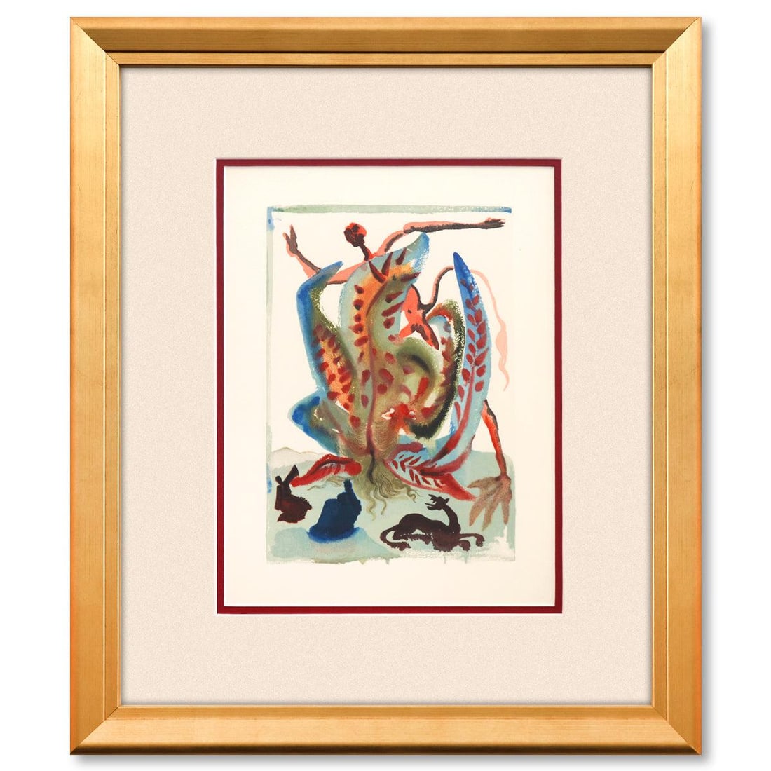 Salvador Dali- Original Color Woodcut on B.F.K. Rives Paper "Purgatory 23": Artist: Salvador Dali. Medium: Original Color Woodcut on B.F.K. Rives Paper. Title: Purgatory 23. Size: 13" x 10". Measures approx. 20.5" x 17.5" (framed). Certificate of Authenticity: Is included. Re