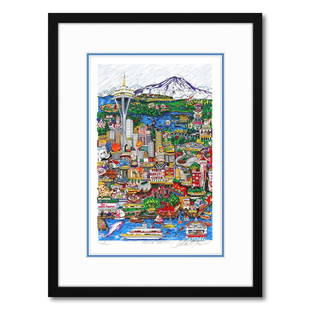 Charles Fazzino- 3D Construction Silkscreen Serigraph "Hello Seattle": Artist: Charles Fazzino. Medium: 3D Construction Silkscreen Serigraph. Title: Hello Seattle. Size: 15" x 10". Measures approx. 21" x 16" (framed). Signature: Hand Signed and Numbered. Certificate of