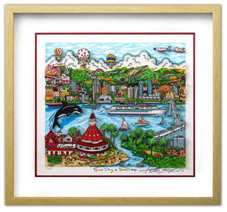 Charles Fazzino- 3D Construction Silkscreen Serigraph "Sun Day in San Diego (Red)": Artist: Charles Fazzino. Medium: 3D Construction Silkscreen Serigraph. Title: Sun Day in San Diego (Red). Size: 16" x 18". Measures approx. 24.5" x 26" (framed). Signature: Hand Signed and Numbered. C