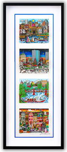 Charles Fazzino- 3D Construction Silkscreen Serigraph "Seasonally Boston (Blue)": Artist: Charles Fazzino. Medium: 3D Construction Silkscreen Serigraph. Title: Seasonally Boston (Blue). Size: 33" x 10". Measures approx. 41" x 18.5" (framed). Signature: Hand Signed and Numbered by t