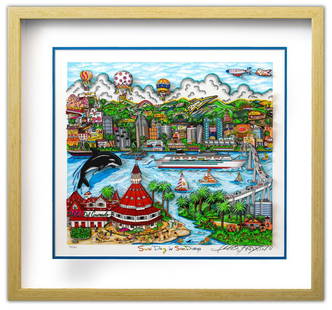 Charles Fazzino- 3D Construction Silkscreen Serigraph "Sun Day in San Diego (Blue)": Artist: Charles Fazzino. Medium: 3D Construction Silkscreen Serigraph. Title: Sun Day in San Diego (Blue). Size: 16" x 18". Measures approx. 24.5" x 26" (framed). Signature: Hand Signed and Numbered.