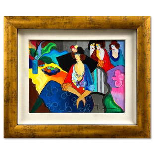 Itzchak Tarkay (1935-2012), "Gossip" Framed One-of-a-Kind Mixed Media Over Paint on Wood, Hand: Gossip is a one-of-a-kind mixed media over paint on wood by Itzchak Tarkay (1935-2012), hand signed by the artist. This piece comes custom framed. Includes Letter of Authenticity. Measures approx. 14"