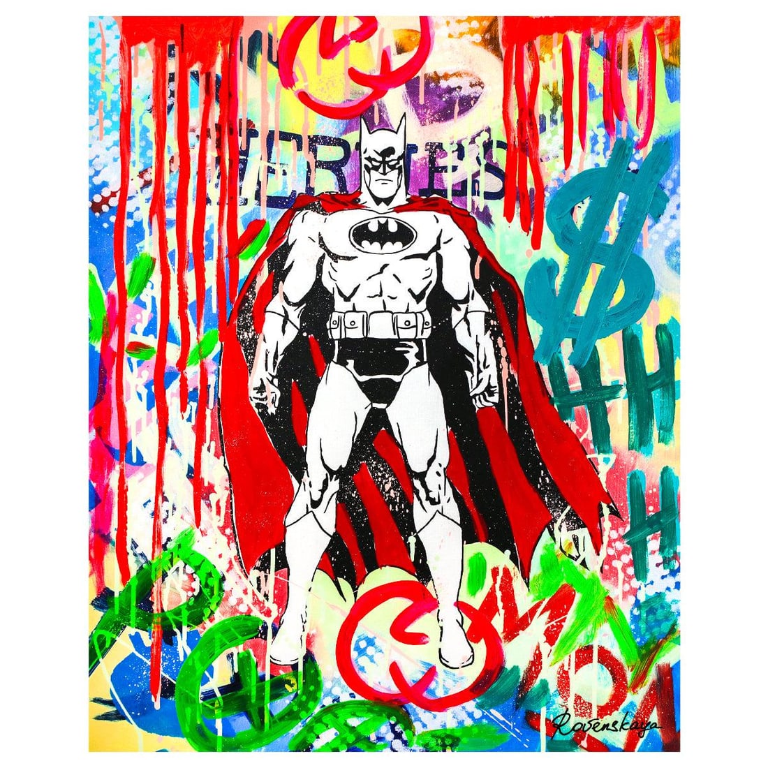 Nastya Rovenskaya- Mixed Media "Batman": Artist: Nastya Rovenskaya. Medium: Mixed Media. Title: Batman. Size: 30" x 24". Signature: Hand signed. Certificate of Authenticity: Is included. Reference#: 35512.