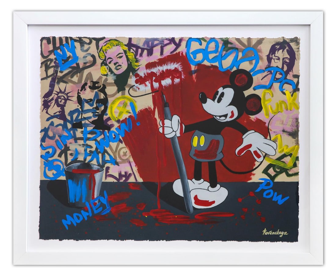 Nastya Rovenskaya- Original Mixed Media on Paper "Mickey's Renovation": Artist: Nastya Rovenskaya. Medium: Original Mixed Media on Paper. Title: Mickey's Renovation. Size: 24" x 30". Measures approx. 30" x 36" (framed). Signature: Hand Signed by the artist. Certificate of