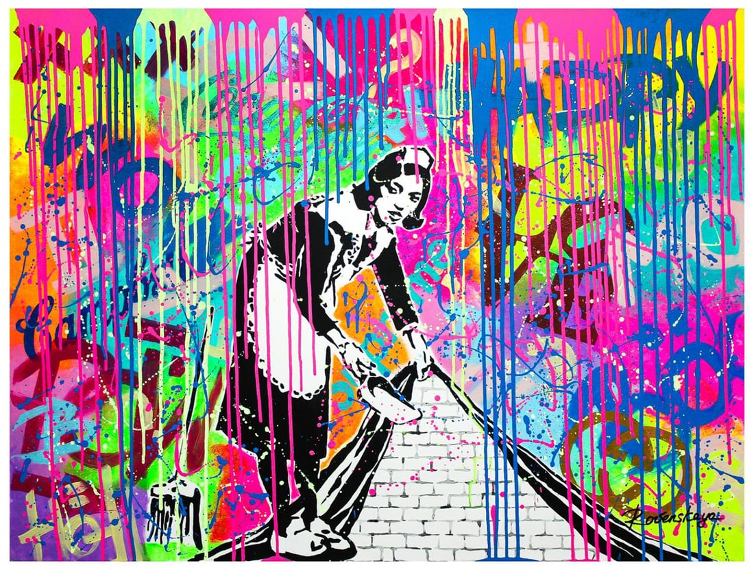 Nastya Rovenskaya- Original Oil on Canvas "Throwing Some Paint": Artist: Nastya Rovenskaya. Medium: Original Oil on Canvas. Title: Throwing Some Paint. Size: 30" x 40". Signature: Hand Signed by the artist. Certificate of Authenticity: From the publisher. Reference