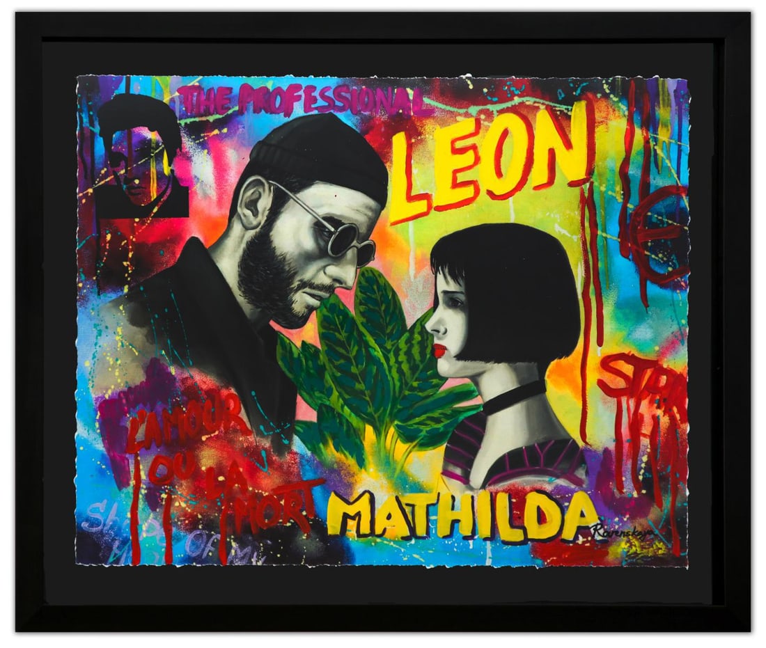 Nastya Rovenskaya- Original Mixed Media on Paper "Leon": Artist: Nastya Rovenskaya. Medium: Original Mixed Media on Paper. Title: Leon. Size: 24" x 30". Measures approx. 30" x 36" (framed). Signature: Hand Signed by the artist. Certificate of Authenticity: 