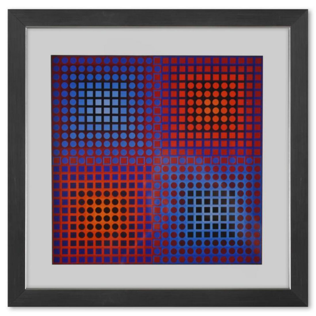 Victor Vasarely (1908-1997), "EG - 1 - 2 de la série Folklore Planetaire" Framed 1971 Heliogravure: EG - 1 - 2 de la série Folklore Planetaire is a heliogravure print on paper, published in 1971, by Victor Vasarely (1908-1997). This piece comes custom framed, with a letter of authenticity and with