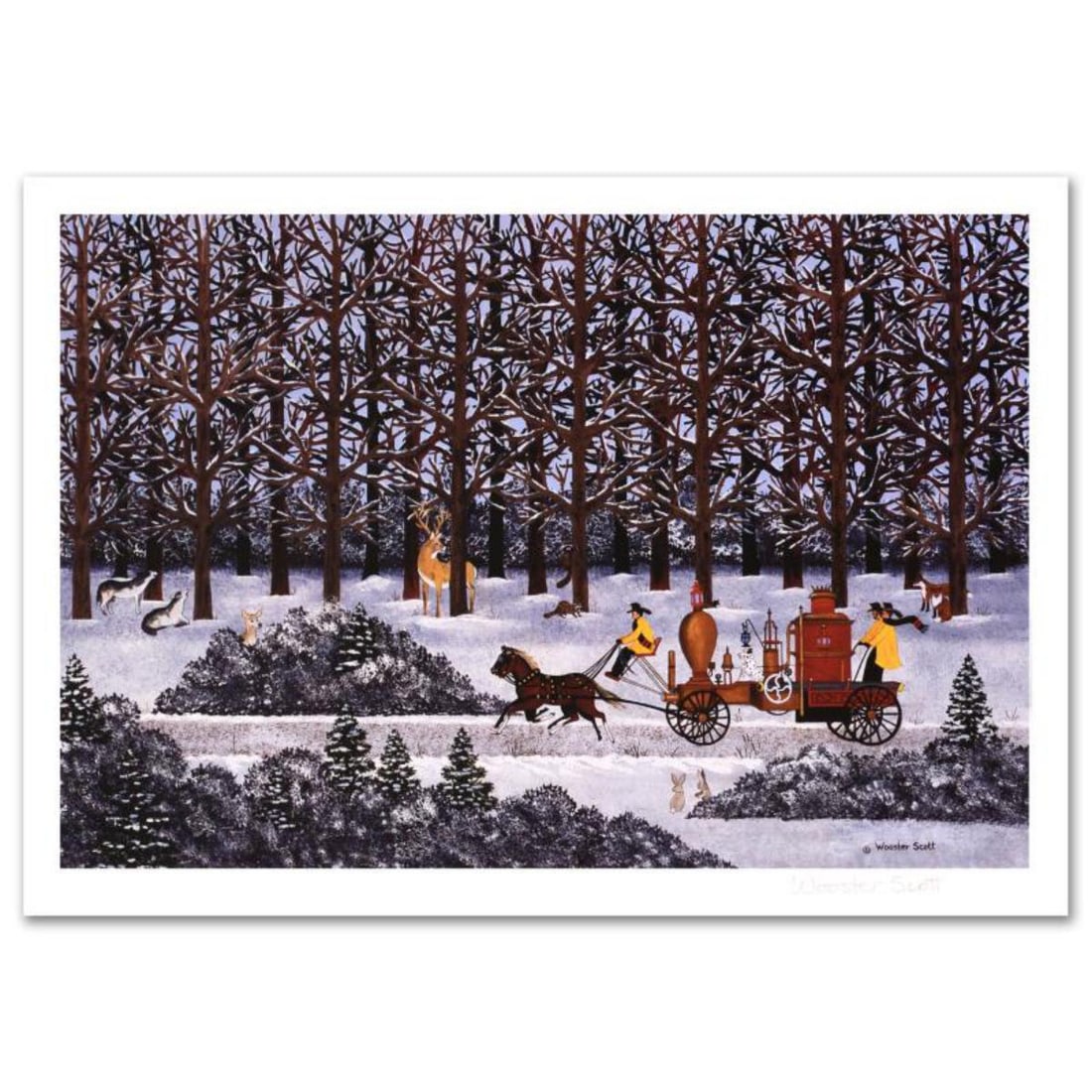 Jane Wooster Scott, "Dashing Through the Snow" Hand Signed Limited Edition Lithograph with Letter of: Cozy, down-home images of a bygone era when life was simpler - this is the feeling captured in the creations of one of the world's most recognized artists. "Dashing Through the Snow" is a limited edit