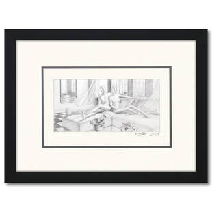 Mark Kostabi- Original Drawing on Paper "We Always Know": Artist: Mark Kostabi. Medium: Original Drawing on Paper. Title: We Always Know. Size: 5.5" x 11". Measures approx. 16" x 21" (framed). Signature: Hand signed by the artist. Certificate of Authenticity