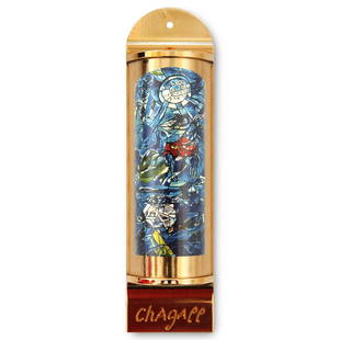 Marc Chagall- Mezuzah/ Silkscreen on 24K gold plated bronze "Reuben": Artist: Marc Chagall. Medium: Mezuzah/ Silkscreen on 24K gold plated bronze. Title: Reuben. Size: 5.1" x 1.4". Certificate of Authenticity: Is included. Additional: Limited edition of 1800. Full color