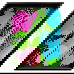 Warhol (1928-1987), "Flowers - Green/Pink" Framed Limited Edition Skateboard Triptych, Numbered and: Flowers - Green/Pink is a limited edition skateboard triptych by Warhol (1928-1987), numbered and bearing the plate signature of the artist inverso. This triptych comes custom framed. Includes Letter