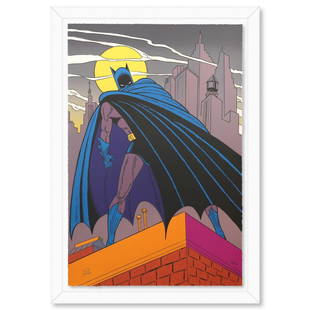 Bob Kane (1915-1998)- Original Lithograph "Batman Over Gotham": Artist: Bob Kane (1915-1998). Medium: Original Lithograph. Title: Batman Over Gotham. Size: 36" x 24". Measures approx. 41" x 29" (framed). Signature: This piece is numbered and hand signed by Bob Kan