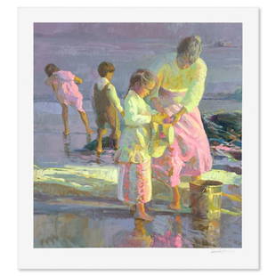 Don Hatfield, "Playing at the Shore" Limited Edition Printer's Proof, Numbered and Hand Signed with: Playing at the Shore is a limited edition printer's proof on paper by Don Hatfield, numbered and hand signed by the artist. Includes Letter of Authenticity. Measures approx. 32" x 29" (border), 27.5"