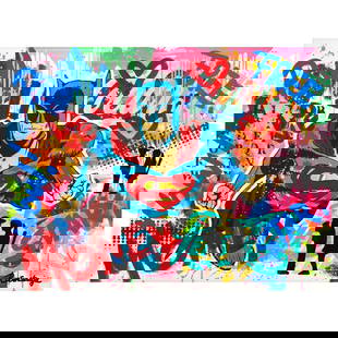 Nastya Rovenskaya- Mixed Media "Superhero": Artist: Nastya Rovenskaya. Medium: Mixed Media. Title: Superhero. Size: 30" x 40". Signature: Hand signed. Certificate of Authenticity: Is included. Reference#: 37273.