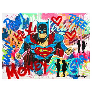 Nastya Rovenskaya- Mixed Media "Superhero": Artist: Nastya Rovenskaya. Medium: Mixed Media. Title: Superhero. Size: 30" x 40". Signature: Hand signed. Certificate of Authenticity: Is included. Reference#: 37273.