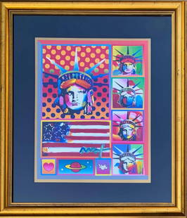 Peter Max- Mixed media on paper "5 liberties and flag": Artist: Peter Max. Medium: Mixed media on paper. Title: 5 liberties and flag. Size: 15" x 19". Measures approx. 26" x 30" (framed). Signature: Signed. Reference#: 57153.