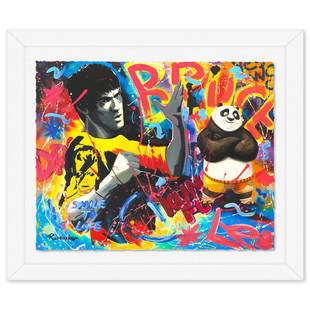 Nastya Rovenskaya- Original Mixed Media on Deckle Edge Paper "Bruce Lee & Kung Fu Panda": Artist: Nastya Rovenskaya. Medium: Original Mixed Media on Deckle Edge Paper. Title: Bruce Lee & Kung Fu Panda. Size: 20" x 25". Measures approx. 27" x 32" (framed). Signature: Hand signed. Certificat