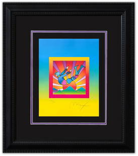 Peter Max- Original Lithograph "Cosmic Flyer on Blends": Artist: Peter Max. Medium: Original Lithograph. Title: Cosmic Flyer on Blends. Size: 12.5" x 10". Measures approx. 24" x 21" (framed). Signature: Hand Signed and Numbered by the artist. Certificate of