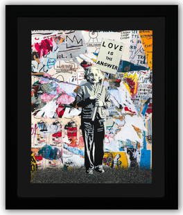 Mr. Brainwash- Original Mixed Media on Deckled Edge Paper "Einstein": Artist: Mr. Brainwash. Medium: Original Mixed Media on Deckled Edge Paper. Title: Einstein. Size: 20" x 16". Measures approx. 27" x 23" (framed). Signature: Hand Signed by the artist. Certificate of A