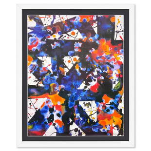 Sam Francis (1923-1994), "Paintings and Drawings" Framed 1979 Vintage Lithograph (35" x 42.5") with: Paintings and Drawings is a vintage offset lithograph by Sam Francis (1923-1994) cropped from the Ace Gallery 1979 poster. This piece comes custom framed and includes Letter of Authenticity. Measures