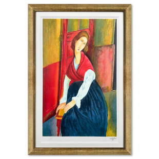 Amedeo Modigliani, "Jeanne Hebuterne" Framed Limited Edition Lithograph with Certificate of: Jeanne Hebuterne is a framed limited edition lithograph on paper by Amedeo Modigliani. Printed by Atelier Mourlot in Paris, the piece is plate signed and comes with a certificate of authenticity. Meas