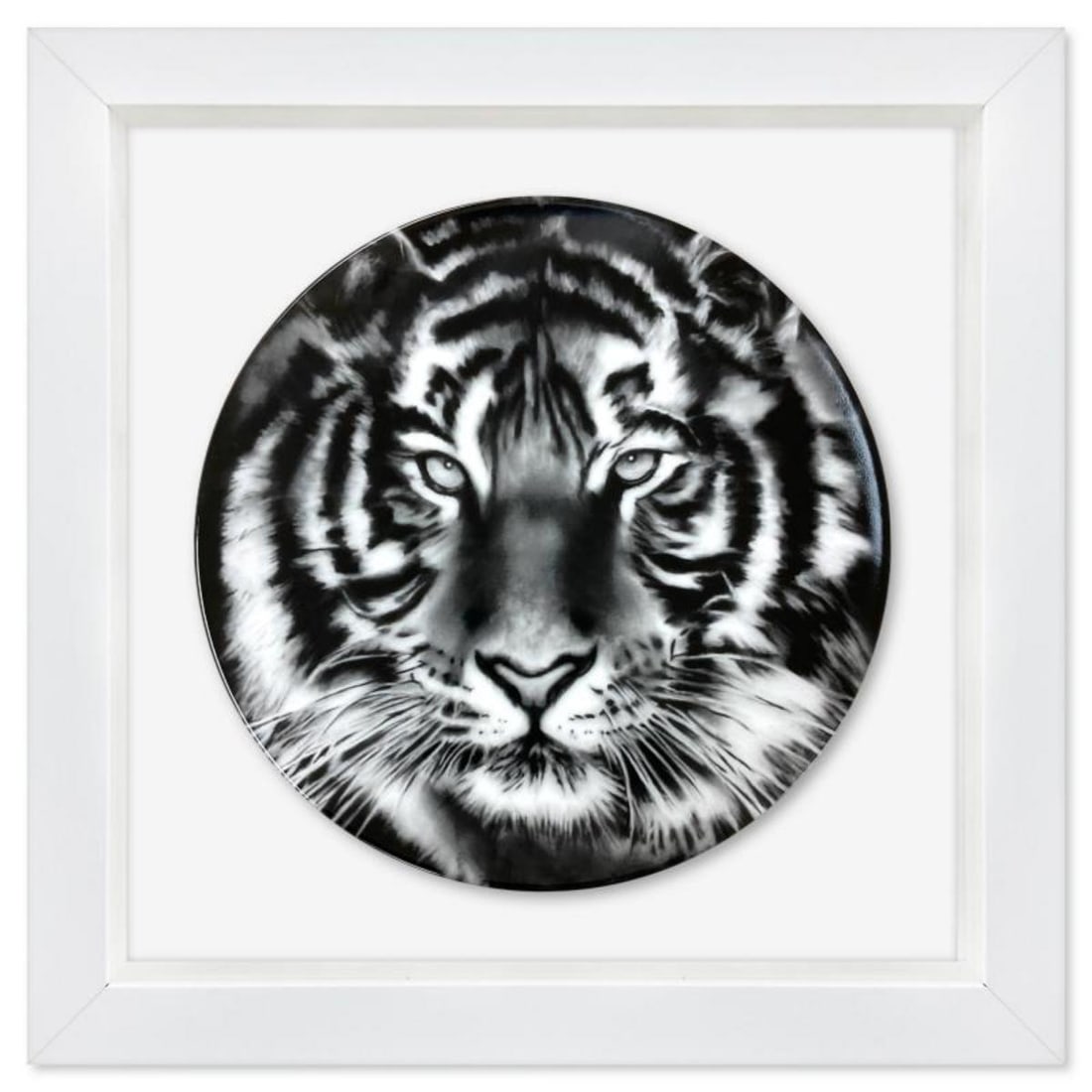 Robert Longo, "Tiger" Framed Limoges Porcelain Plate with Letter of Authenticity.: Tiger is a Limoges porcelain by Robert Longo. This plate is custom framed and floated on linen. Includes Letter of Authenticity. Measures approx. 16" x 16" (frame), 11" (plate diameter). Reference#: 5