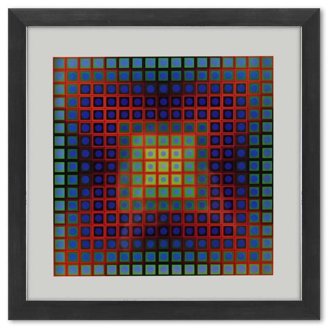 Victor Vasarely (1908-1997), "Kezdi de la série Folklore Planetaire" Framed 1971 Heliogravure Print: Kezdi de la série Folklore Planetaire is a heliogravure print on paper, published in 1971, by Victor Vasarely (1908-1997). This piece comes custom framed, with a letter of authenticity and with a 197