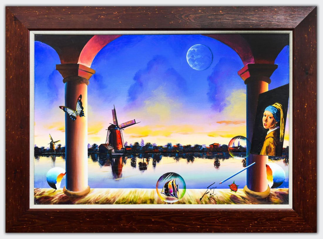 Ferjo- Original Oil on Canvas "Windmill Across the River": Artist: Ferjo. Medium: Original Oil on Canvas. Title: Windmill Across the River. Size: 24" x 36". Measures approx. 32" x 44" (framed). Signature: Hand Signed by the artist. Certificate of Authenticity