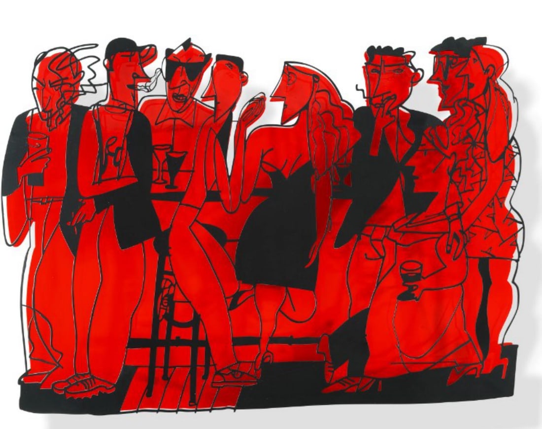 David Gerstein- Mixed Media Cutout Aluminum "Bar series - Bar at night (red)": Artist: David Gerstein. Medium: Mixed Media Cutout Aluminum. Title: Bar series - Bar at night (red). Size: 28" x 20". Signature: Signed and numbered. Certificate of Authenticity: Is included. Addition